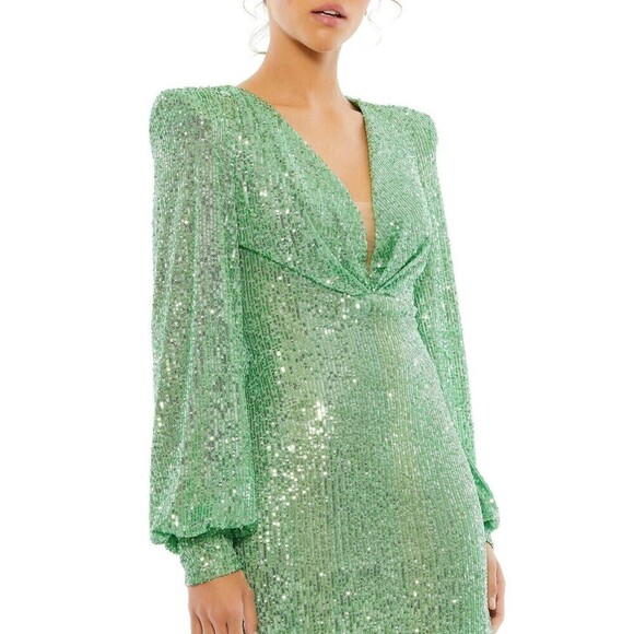 Ieena for Mac Duggal Sequined Structured Bishop Sleeve Mini Dress Light Green 2 - Picture 3 of 16
